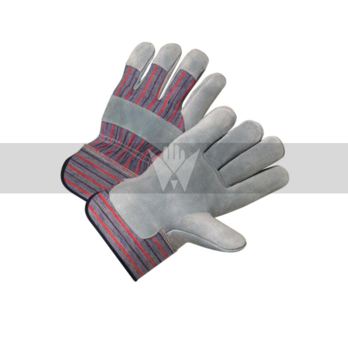 Leather Palm Gloves with Gray/Red Split Cowhide Leather, Knuckle Strap & Rubberized Safety Cuff