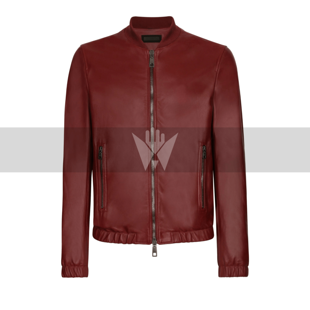 Dolce & Gabbana Maroon Lambskin Leather Jacket – Regular Fit with Stretch Knit Neck & Zipper Pockets