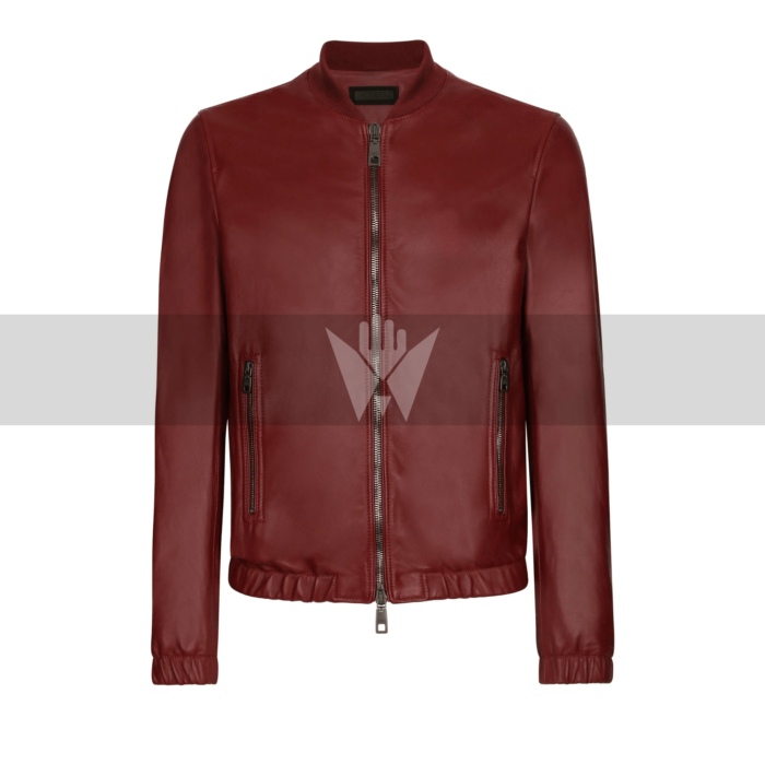 Dolce & Gabbana Maroon Lambskin Leather Jacket – Regular Fit with Stretch Knit Neck & Zipper Pockets
