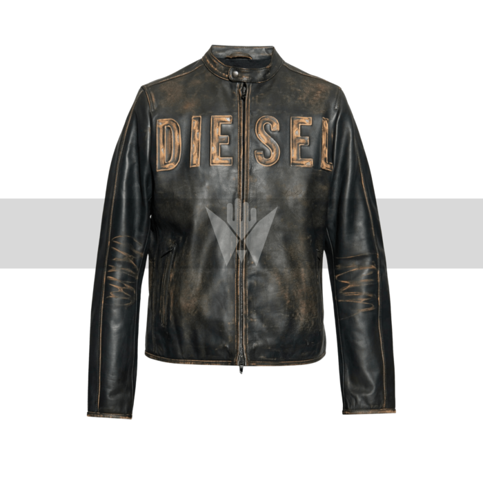 Diesel Logo Debossed Brown Calf Leather Jacket – Embossed Front, Faded Effect